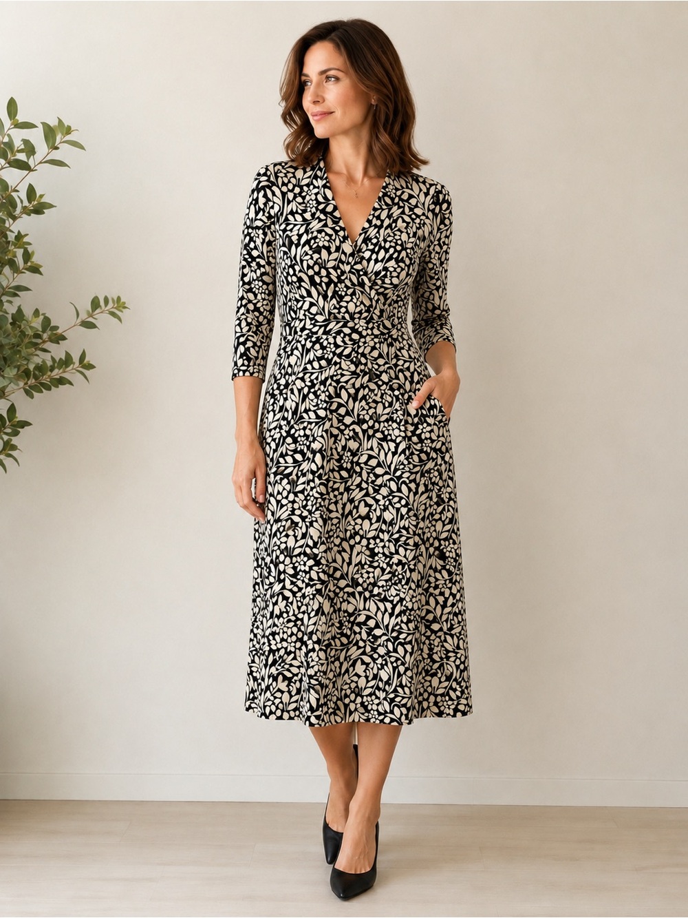 Sigrid Olsen Faux Wrap Midi Dress Black Cream Floral Rayon Jersey SIZE MEDIUM